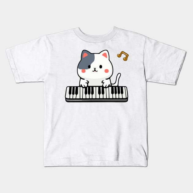 Kawaii Cute Cat Playing Piano Keyboard Kids T-Shirt by kawaii creatures